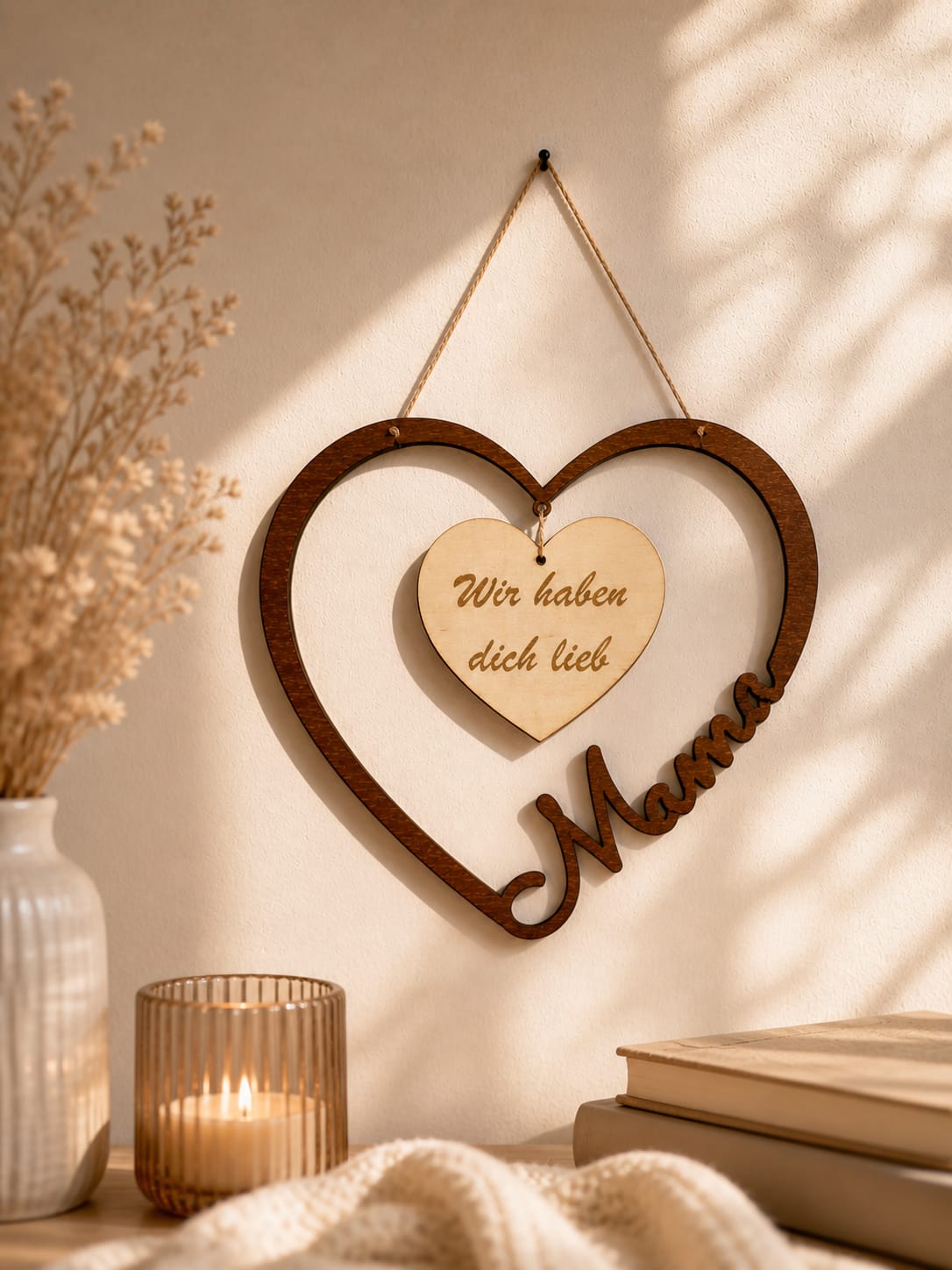Personalisiertes Holzherz mit Lasergravur ‚Wir haben dich lieb Mama'